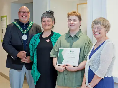 Mayor Jerry Acchione, artist Holly Jo, student Finn McCallum and City Councillor Connie Lauder