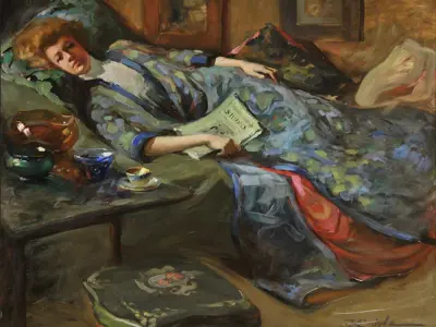 Oil painting of a woman in a blue gown lounging on a chair