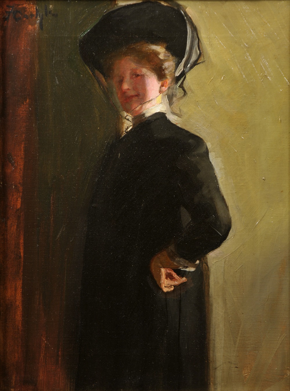 Oil painting of a woman in a black dress and wide brimmed hat